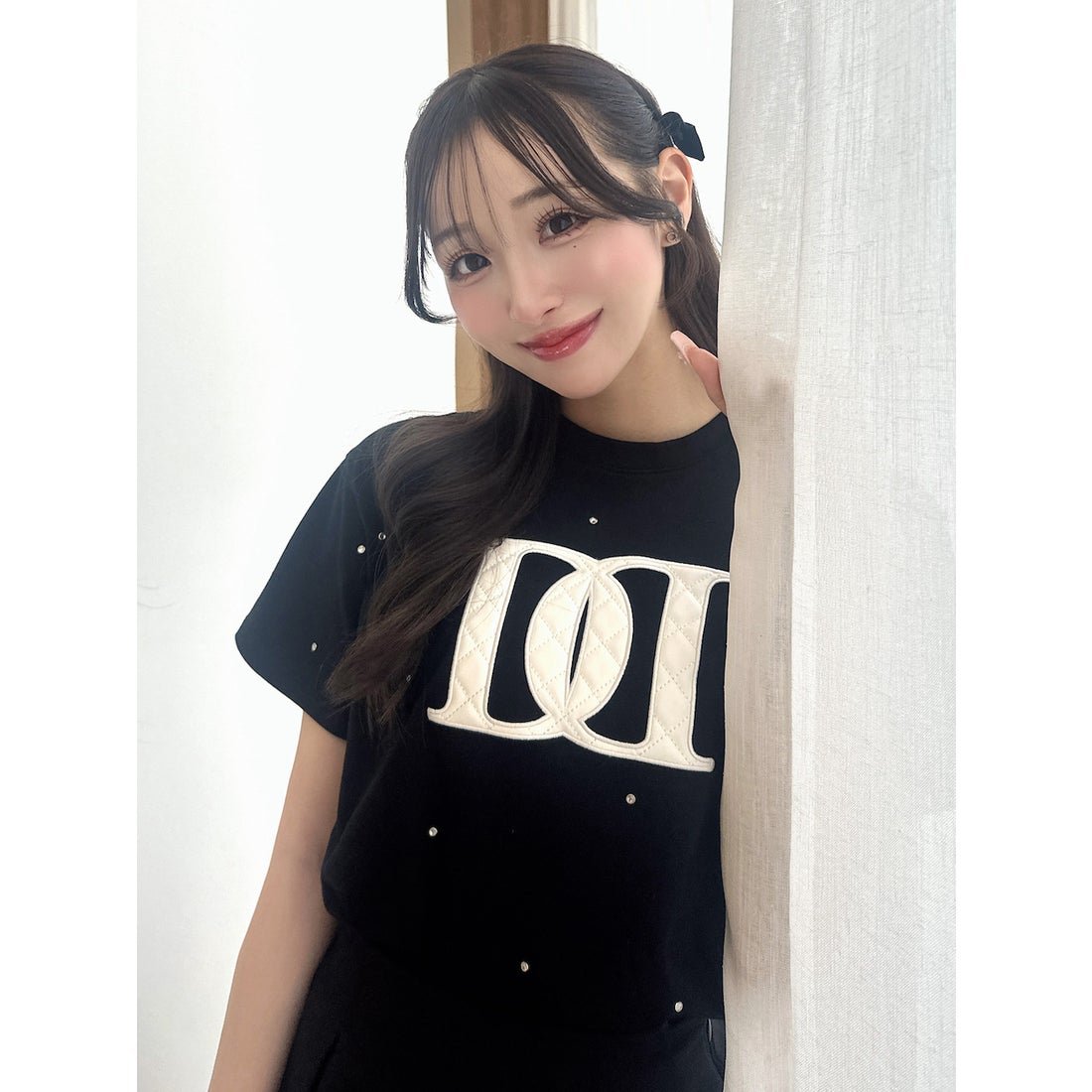 ダーリッチ Darich キルティングアップリケビジューTシャツ （ブラック