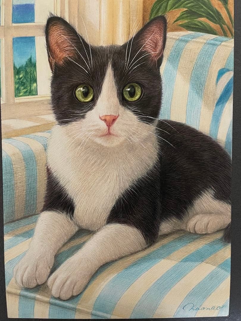 色鉛筆画 A4 ハチワレ猫130 ハチワレ猫ちゃんの 色鉛筆画を描かせていただきました🐱♡ なぁに？と